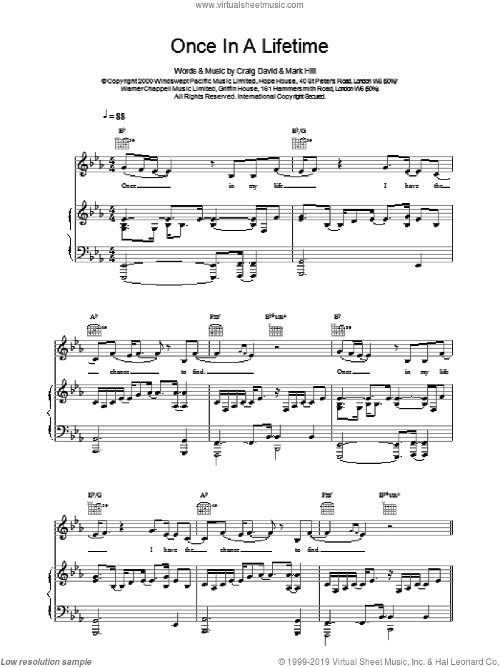 Once In A Lifetime sheet music for voice, piano or guitar by Craig David, intermediate skill level