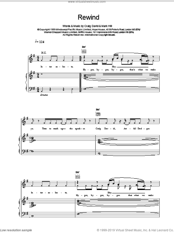 Rewind sheet music for voice, piano or guitar by Craig David, intermediate skill level