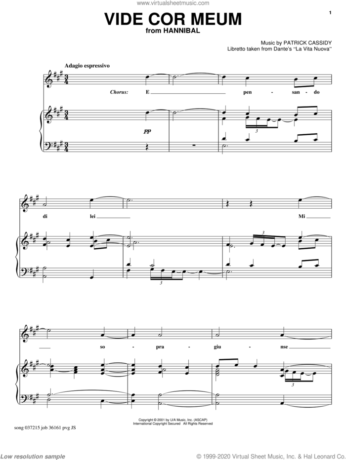 Vide Cor Meum sheet music for voice, piano or guitar by Dante's 'La Vita Nuova' and Patrick Cassidy, intermediate skill level