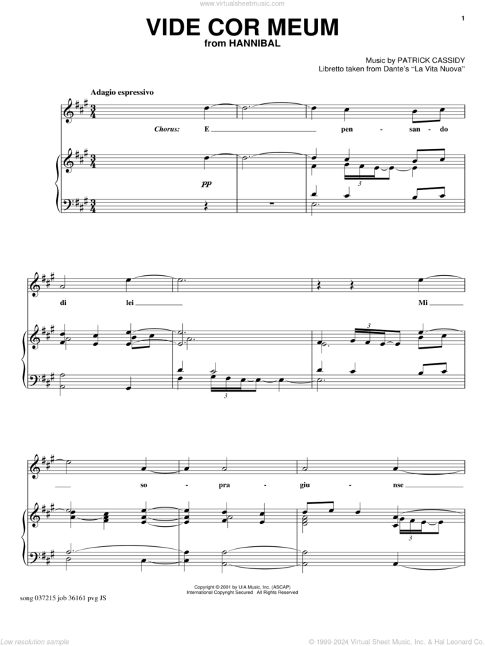 Vide Cor Meum sheet music for voice, piano or guitar by Dante's 'La Vita Nuova' and Patrick Cassidy, intermediate skill level