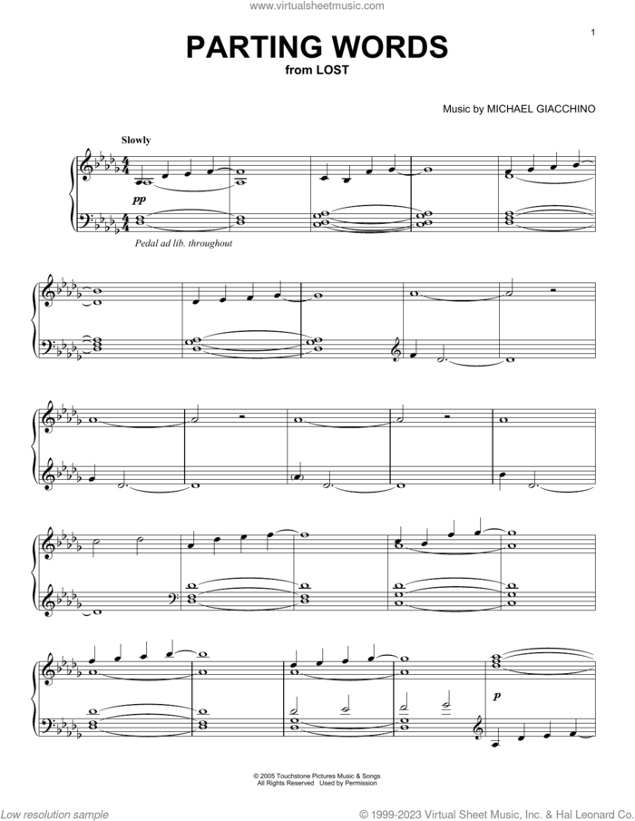 Parting Words (from Lost) sheet music for piano solo by Michael Giacchino, intermediate skill level