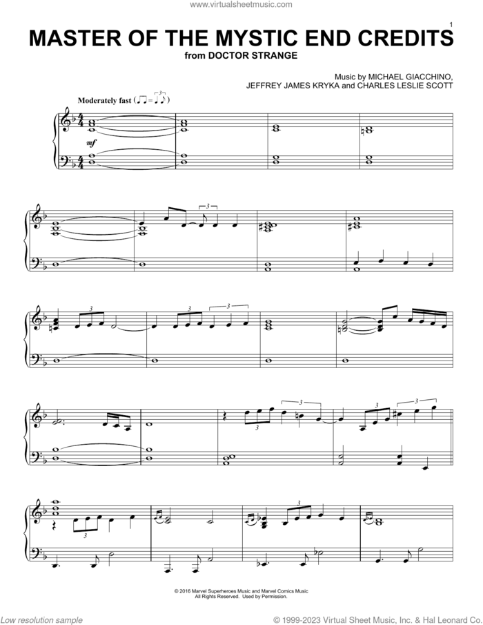 Master Of The Mystic End Credits (from Doctor Strange) sheet music for piano solo by Michael Giacchino, Charles Leslie Scott and Jeffrey James Kryka, intermediate skill level