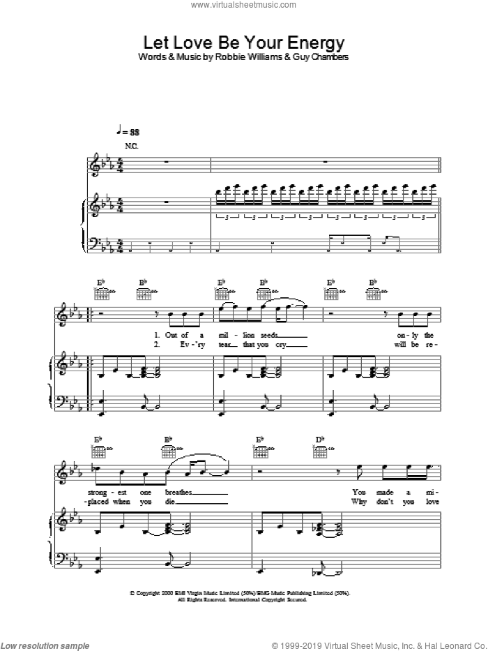 Let Love Be Your Energy sheet music for voice, piano or guitar by Robbie Williams, intermediate skill level