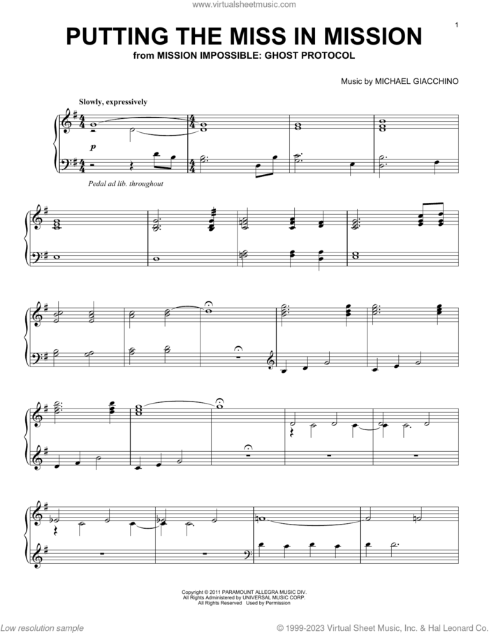 Putting The Miss In Mission (from Mission: Impossible - Ghost Protocol) sheet music for piano solo by Michael Giacchino, intermediate skill level