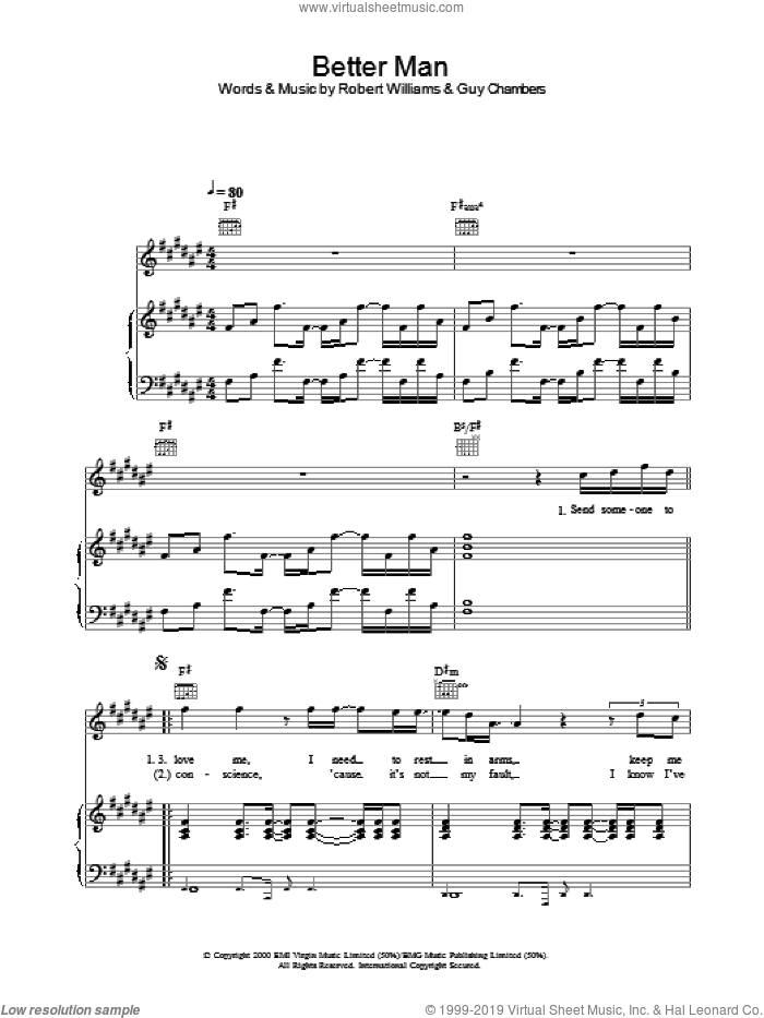 Better Man sheet music for voice, piano or guitar by Robbie Williams, intermediate skill level