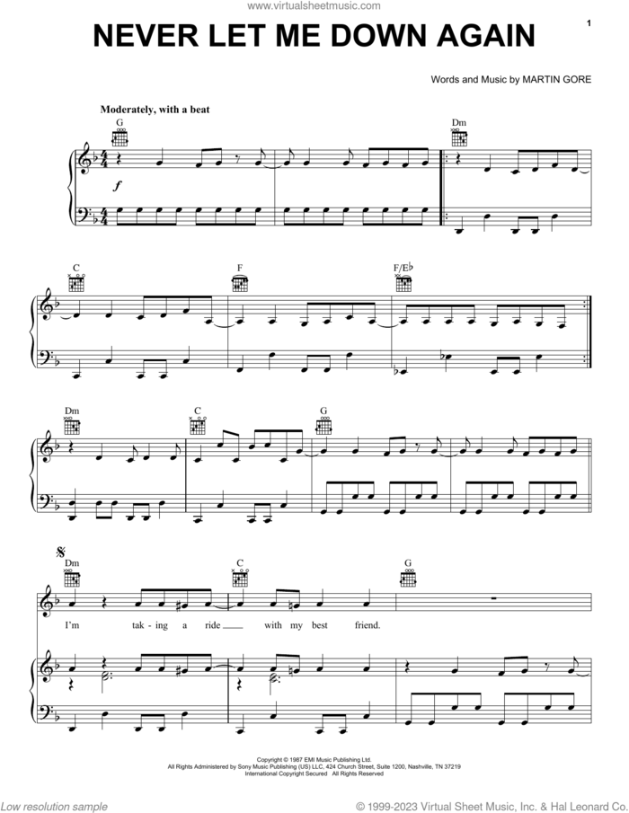 Never Let Me Down Again sheet music for voice, piano or guitar by Depeche Mode and Martin Gore, intermediate skill level