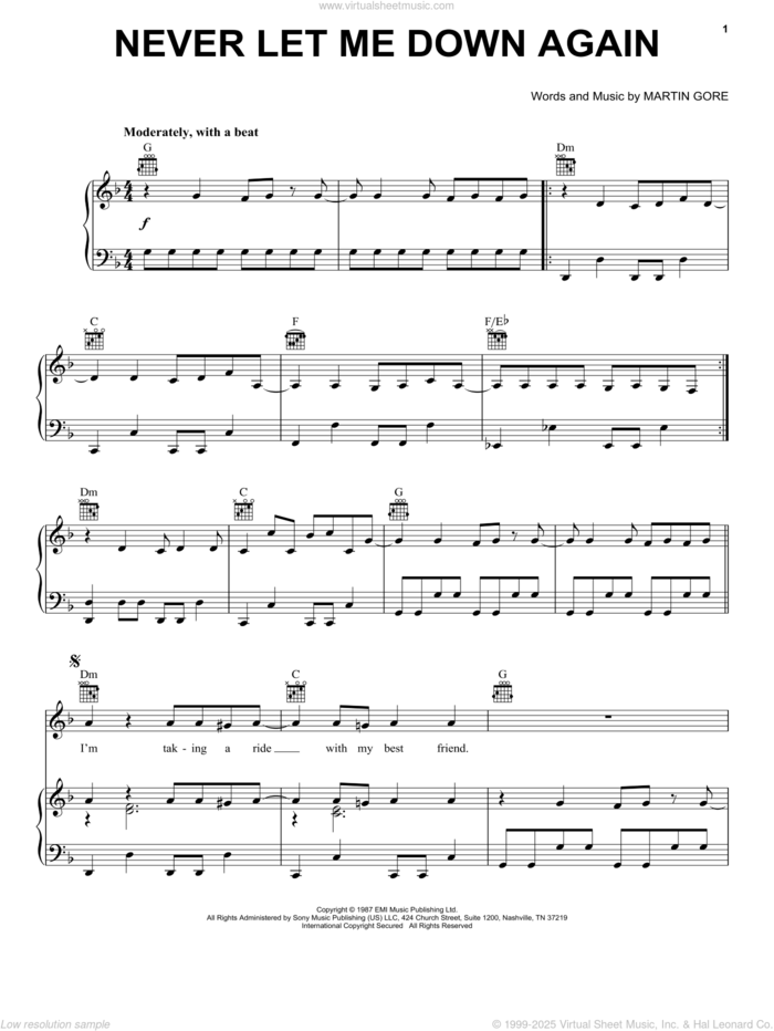 Never Let Me Down Again sheet music for voice, piano or guitar by Depeche Mode and Martin Gore, intermediate skill level