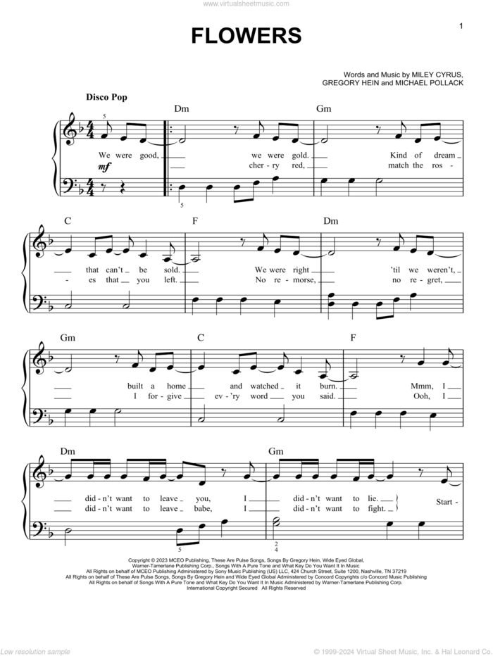 Flowers sheet music for piano solo by Miley Cyrus, Gregory Hein, Michael Pollack and Miley Ray Cyrus, easy skill level