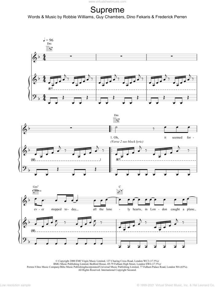 Supreme sheet music for voice, piano or guitar by Robbie Williams, intermediate skill level