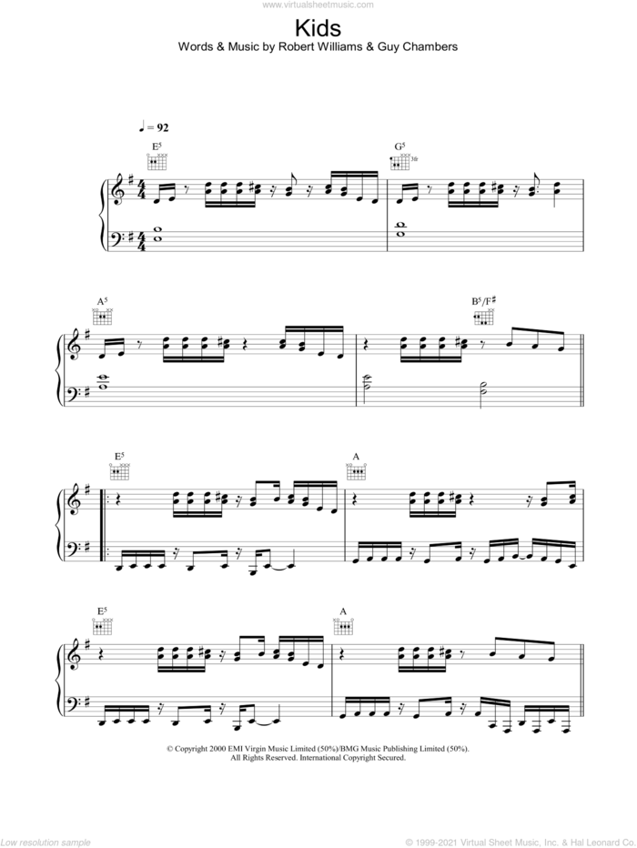 Kids sheet music for voice, piano or guitar by Robbie Williams and Kylie Minogue, intermediate skill level