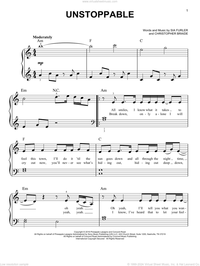 Unstoppable sheet music for piano solo by Sia, Chris Braide and Sia Furler, easy skill level
