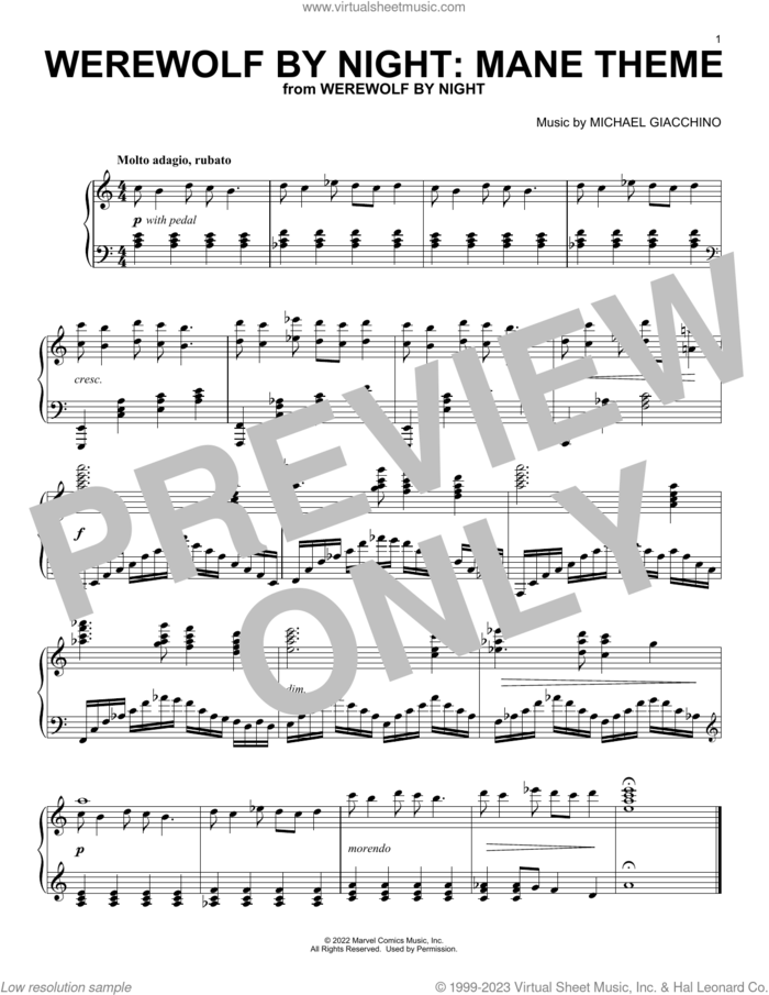 WEREWOLF BY NIGHT: MANE THEME sheet music for piano solo by Michael Giacchino, intermediate skill level