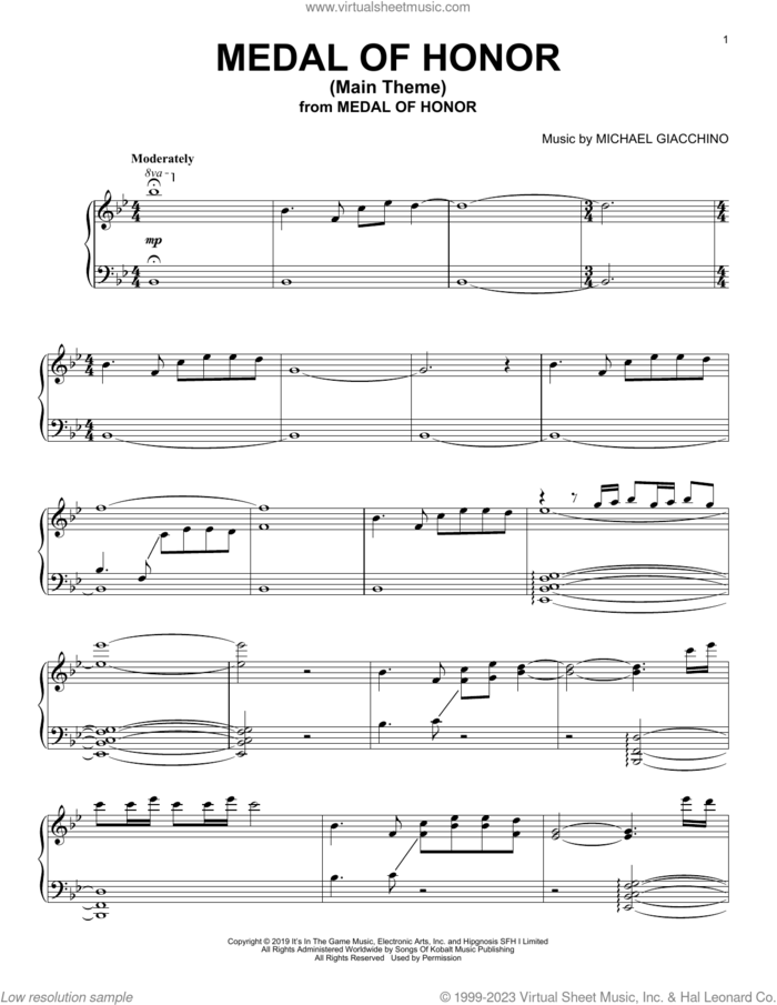 Medal Of Honor (Main Theme) sheet music for piano solo by Michael Giacchino, intermediate skill level