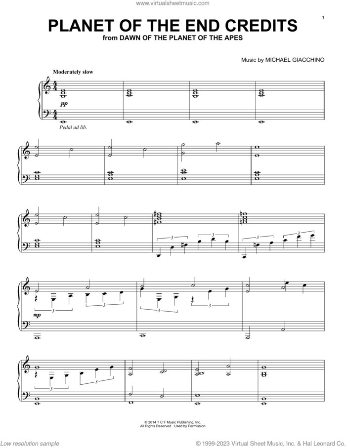 Planet Of The End Credits (from Dawn Of The Planet Of The Apes) sheet music for piano solo by Michael Giacchino, intermediate skill level