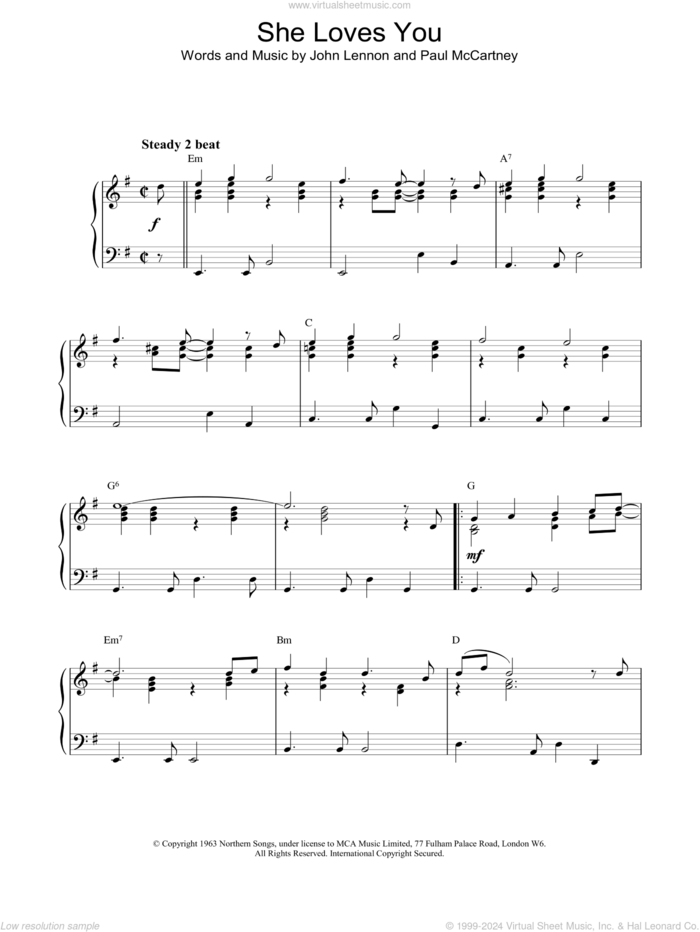 She Loves You, (intermediate) sheet music for piano solo by The Beatles, intermediate skill level