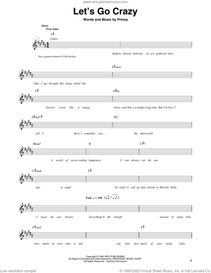Let's Go Crazy sheet music for guitar (tablature, play-along) by Prince, intermediate skill level