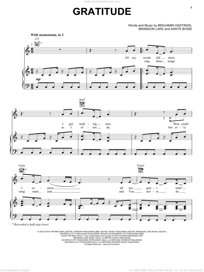 Gratitude sheet music for voice, piano or guitar by Brandon Lake, Benjamin Hastings and Dante Bowe, intermediate skill level