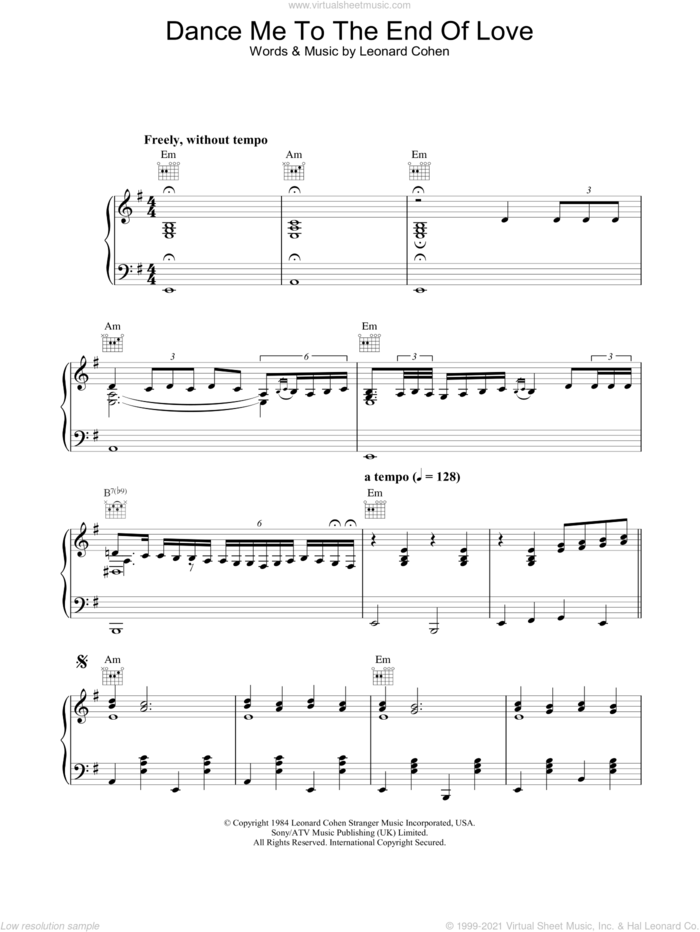 Dance Me To The End Of Love sheet music for voice, piano or guitar by Leonard Cohen, intermediate skill level