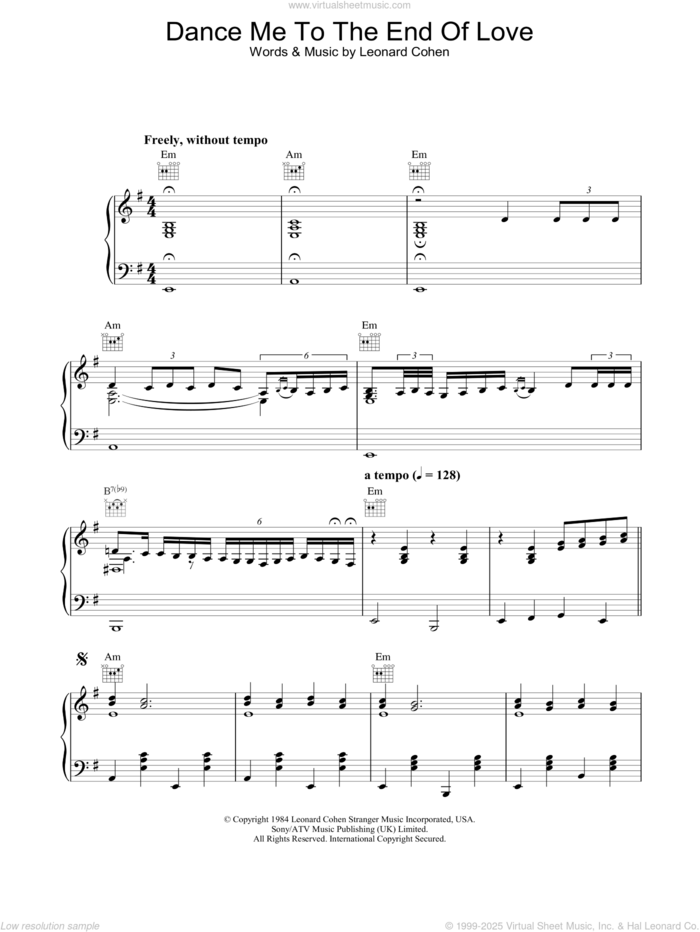 Dance Me To The End Of Love sheet music for voice, piano or guitar by Leonard Cohen, intermediate skill level