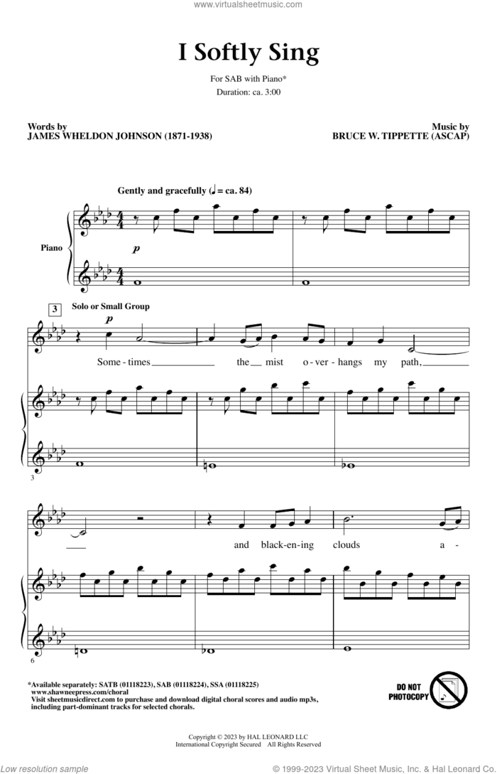 I Softly Sing sheet music for choir (SAB: soprano, alto, bass) by Bruce W. Tippette and James Wheldon Johnson, intermediate skill level