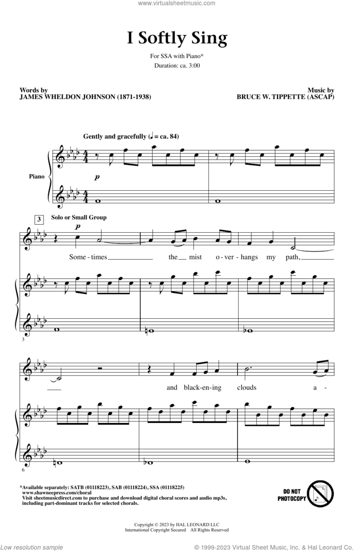 I Softly Sing sheet music for choir (SSA: soprano, alto) by Bruce W. Tippette and James Wheldon Johnson, intermediate skill level