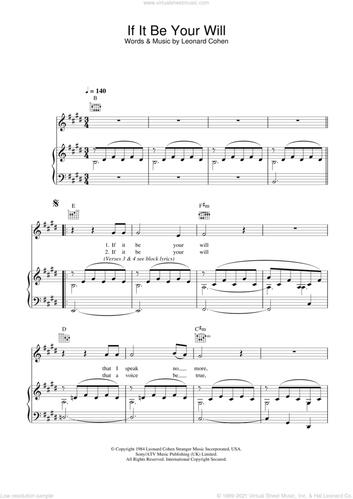 If It Be Your Will sheet music for voice, piano or guitar by Leonard Cohen, intermediate skill level