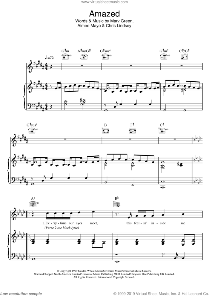 Amazed sheet music for voice, piano or guitar by Lonestar, wedding score, intermediate skill level