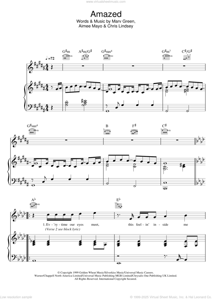 Amazed sheet music for voice, piano or guitar by Lonestar, wedding score, intermediate skill level