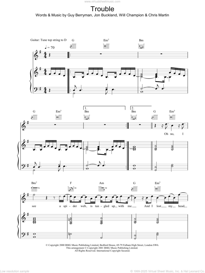 Trouble sheet music for voice, piano or guitar by Coldplay, intermediate skill level