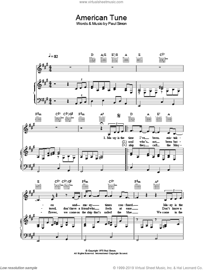 American Tune sheet music for voice, piano or guitar by Eva Cassidy and Paul Simon, intermediate skill level