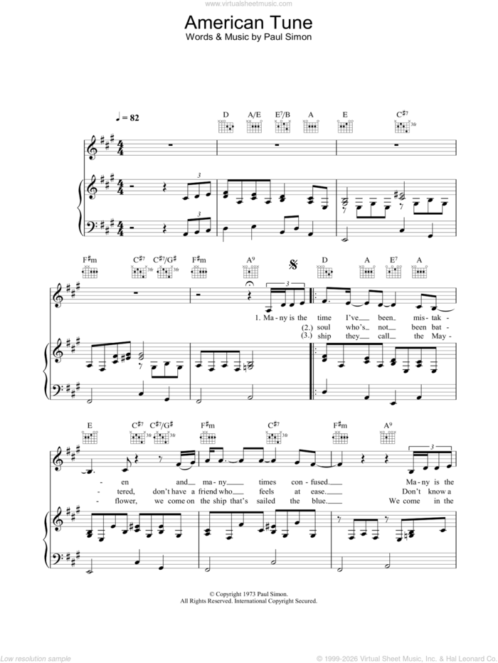 American Tune sheet music for voice, piano or guitar by Eva Cassidy and Paul Simon, intermediate skill level