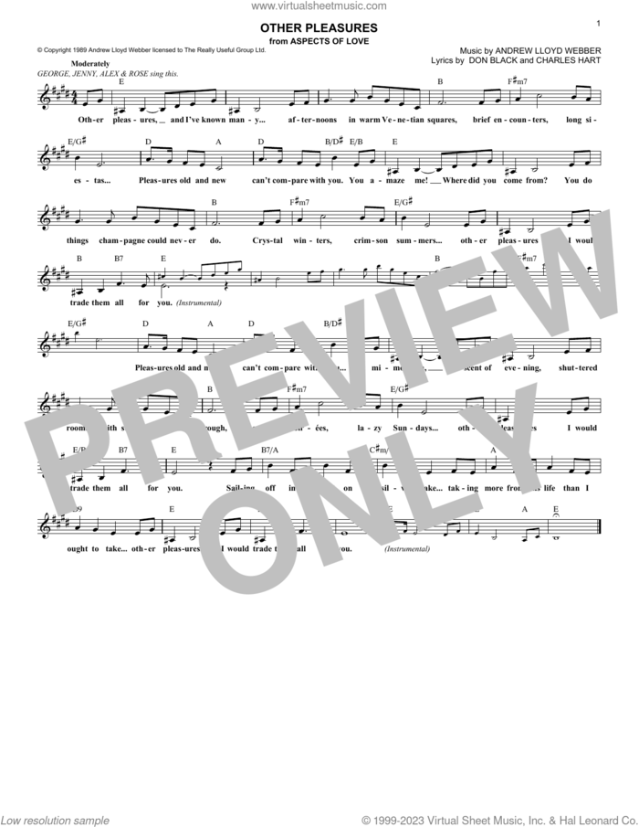 Other Pleasures (from Aspects Of Love) sheet music for voice and other instruments (fake book) by Andrew Lloyd Webber, Charles Hart and Don Black, intermediate skill level