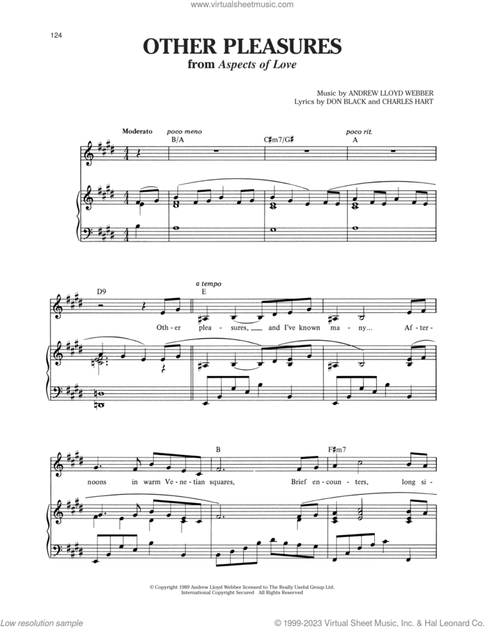 Other Pleasures (from Aspects Of Love) sheet music for voice and piano by Andrew Lloyd Webber, Charles Hart and Don Black, intermediate skill level