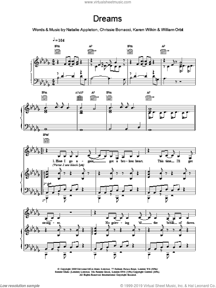 Dreams sheet music for voice, piano or guitar by All Saints, intermediate skill level