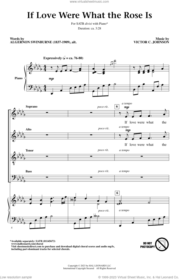 If Love Were What The Rose Is sheet music for choir (SATB: soprano, alto, tenor, bass) by Victor Johnson and Algernon Swinburne, intermediate skill level