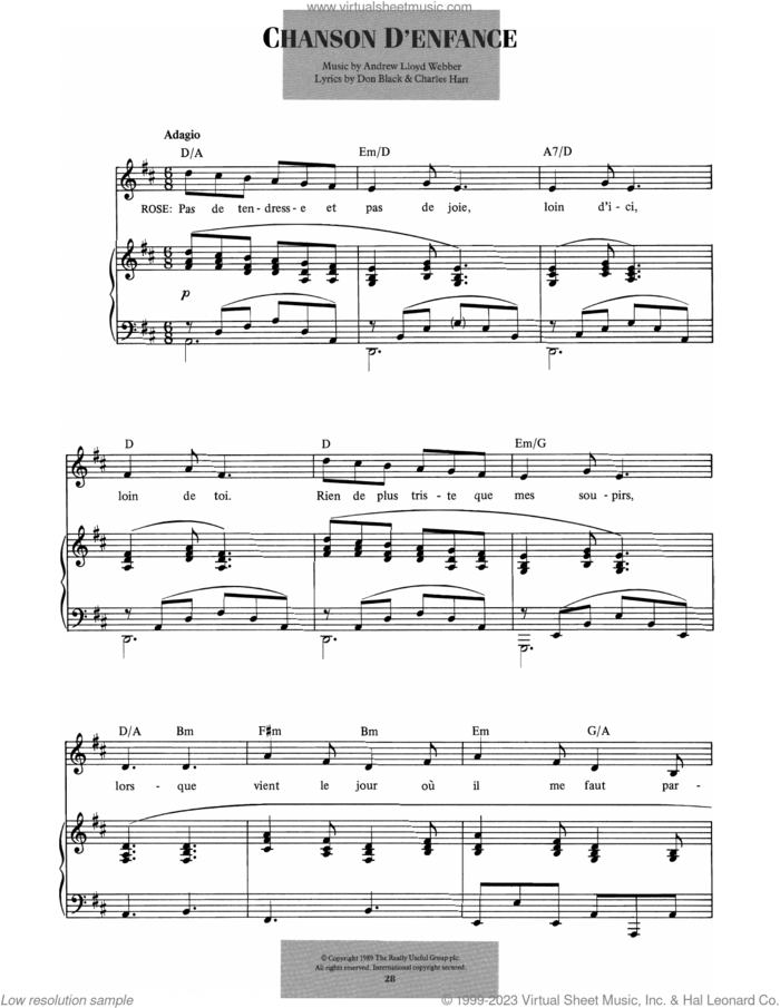 Chanson D'enfance (from Aspects Of Love) sheet music for voice and piano by Andrew Lloyd Webber, Charles Hart and Don Black, intermediate skill level
