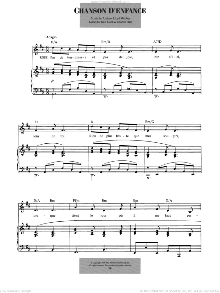 Chanson D'enfance (from Aspects Of Love) sheet music for voice and piano by Andrew Lloyd Webber, Charles Hart and Don Black, intermediate skill level