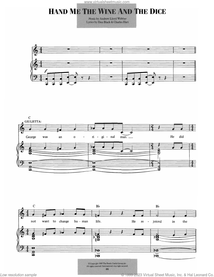 Hand Me The Wine And The Dice (from Aspects Of Love) sheet music for voice and piano by Andrew Lloyd Webber, Charles Hart and Don Black, intermediate skill level