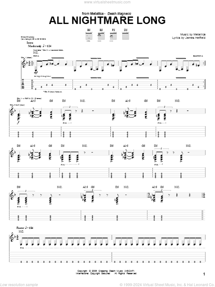 All Nightmare Long sheet music for guitar (tablature) by Metallica and James Hetfield, intermediate skill level