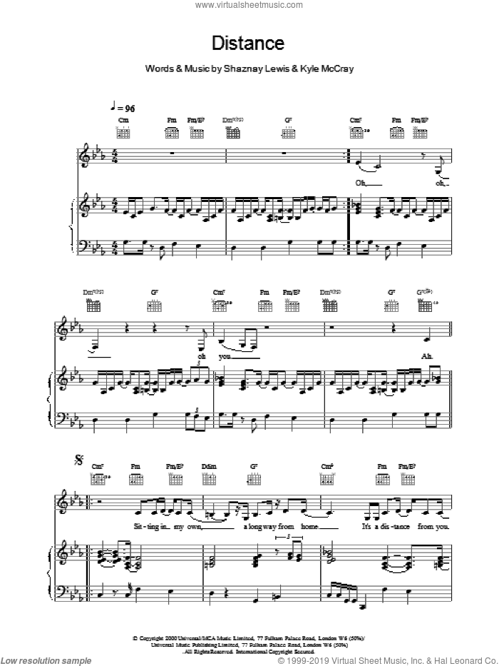 Distance sheet music for voice, piano or guitar by All Saints, intermediate skill level