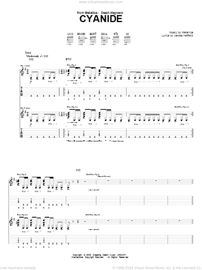 Cyanide sheet music for guitar (tablature) by Metallica and James Hetfield, intermediate skill level
