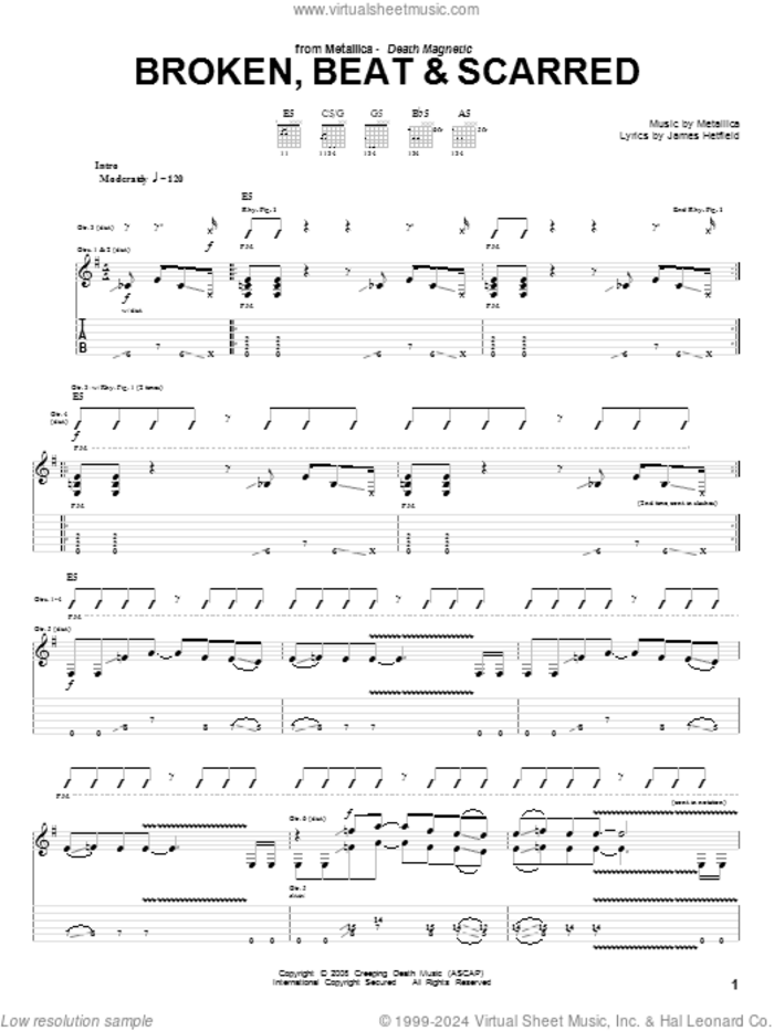 Broken, Beat and Scarred sheet music for guitar (tablature) by Metallica and James Hetfield, intermediate skill level