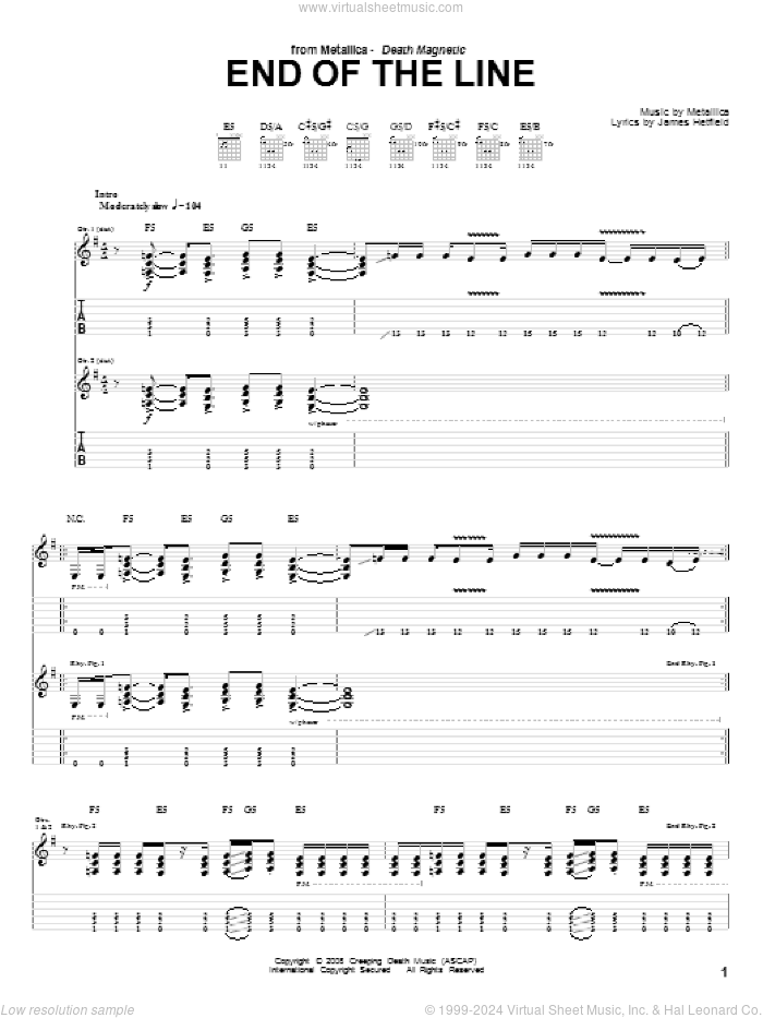 The End Of The Line sheet music for guitar (tablature) by Metallica and James Hetfield, intermediate skill level