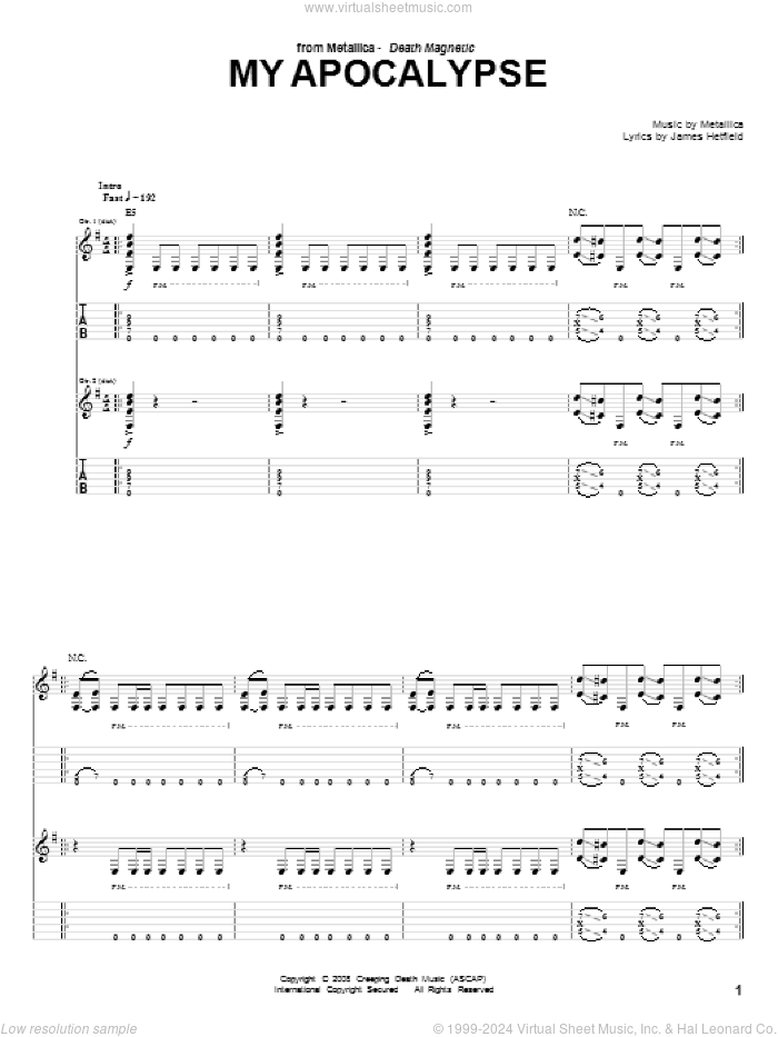 My Apocalypse sheet music for guitar (tablature) by Metallica and James Hetfield, intermediate skill level