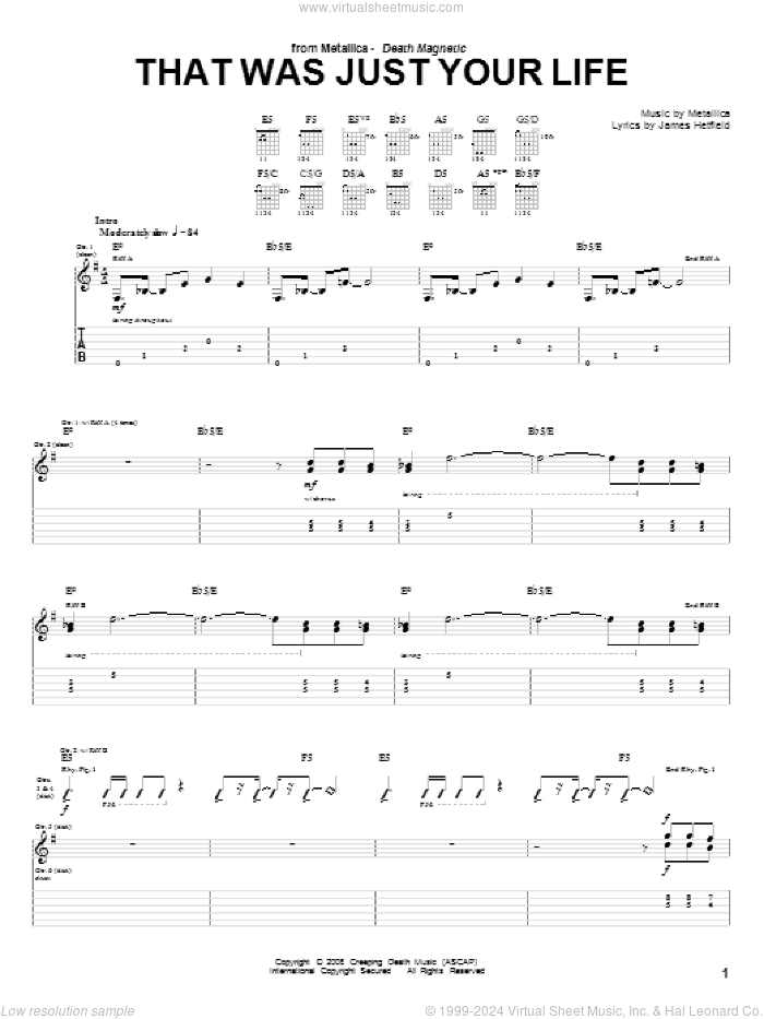 That Was Just Your Life sheet music for guitar (tablature) by Metallica and James Hetfield, intermediate skill level