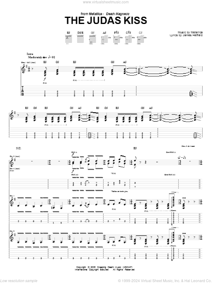 The Judas Kiss sheet music for guitar (tablature) by Metallica and James Hetfield, intermediate skill level