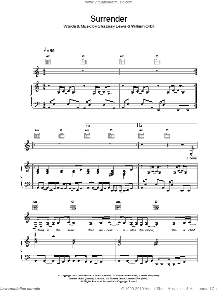 Surrender sheet music for voice, piano or guitar by All Saints, intermediate skill level