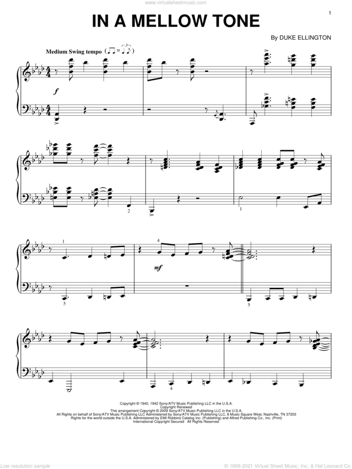 In A Mellow Tone sheet music for piano solo by Duke Ellington and Milt Gabler, intermediate skill level