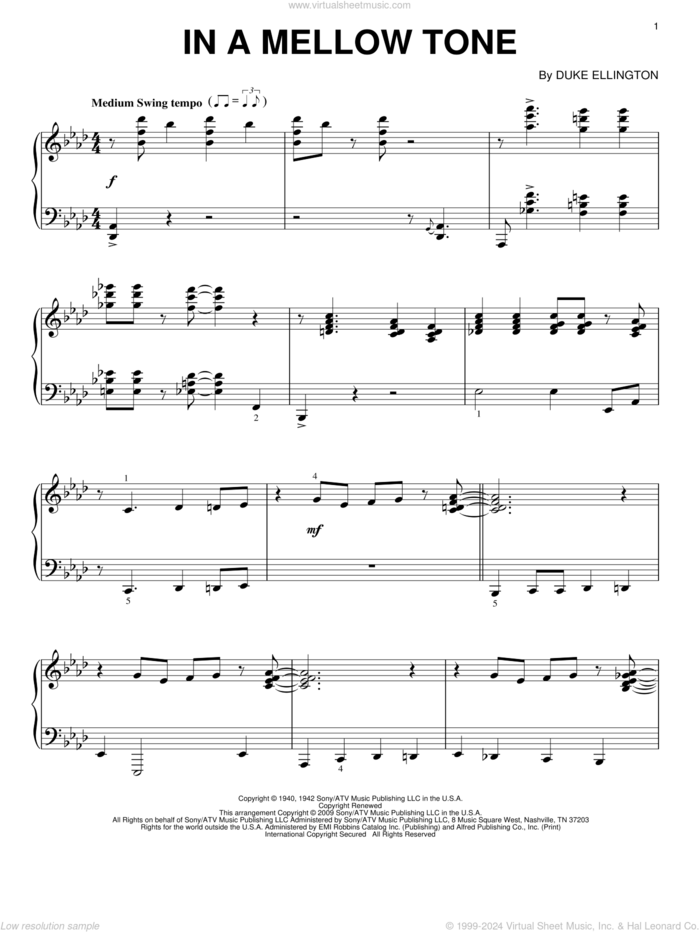 In A Mellow Tone sheet music for piano solo by Duke Ellington and Milt Gabler, intermediate skill level