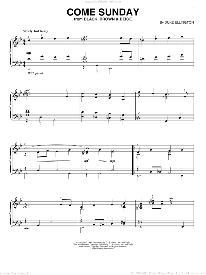 Come Sunday, (intermediate) sheet music for piano solo by Duke Ellington, intermediate skill level